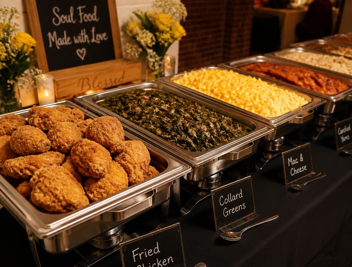 Catering buffet trays of fried chicken, collard greens, mac and cheese