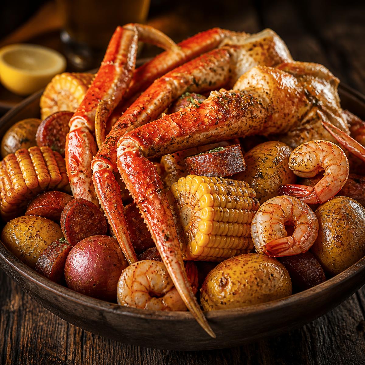 Seafood boil with crab legs, shrimp, sausage, corn and potatoes